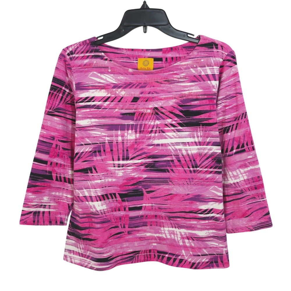 Ruby Rd Sequin Palm Print 3/4 Sleeve Casual Top Medium Fuchsia Cotton Spandex